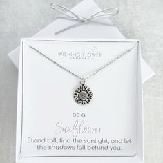 Beautiful sunflower charm necklace, ready for gift giving! D E T A I L S  ~ lead free pewter sunflower charm  ~ 1.5mm 304 stainless steel chain with a lobster clasp Necklace comes on the message card, carefully packaged inside a box. Your gift can be sent directly to the recipient, with a gift message, if desired. P R O C E S S I N G / S H I P P I N G  Your order is shipped within 2-3 business days from order date. USPS first class shipping takes approximately 3-5 days, and Priority shipping 2-3 Sunflower Charm, Sunflower Jewelry, Sunflower Gifts, Sunflower Necklace, Clasp Necklace, Gift Message, Gift For Friend, Message Card, Steel Chain