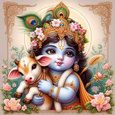 the god is holding a baby lamb in his arms with flowers on it's head