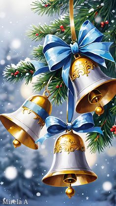 three bells hanging from a christmas tree with blue ribbon and bows on it's sides