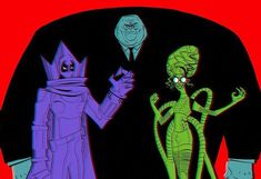 an image of two people dressed up as aliens in the style of cartoon characters on a red background