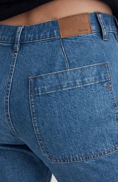 These full-length, '90s-inspired cargo jeans fit snugly through the hips and thighs and have a higher back rise for a cheeky, curve-enhancing lift. The premium Cone® denim combines the holds-you-in structure of rigid with a touch of stretch for day-one comfort. 30" inseam; 16" leg opening; 12 1/2" front rise; 14 1/2" back rise (size 29) Zip fly with button closure Front and back patch pockets 99% cotton, 1% elastane Machine wash, tumble dry Imported Utility Jeans, 90s Inspired, Cargo Jeans, Back Patch, Jeans Fit, Nordstrom Rack, Madewell, Full Length, Straight Leg