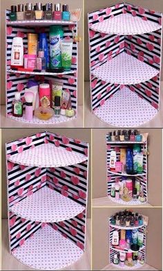 four different views of the inside of a makeup storage unit with polka dots and stripes