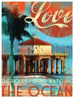 a poster with the words love and an image of a beach house on top of it