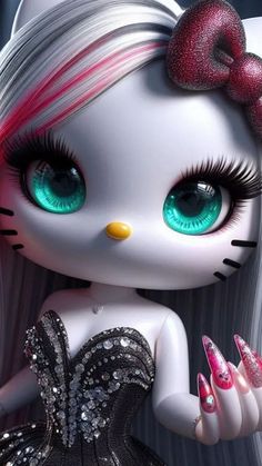 a close up of a hello kitty doll with long hair and green eyes, holding a pink ballerina