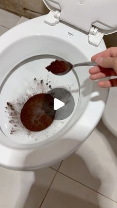 a person is using a spoon to clean a toilet with brown stuff on the bowl