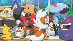 many different pokemon characters are standing together