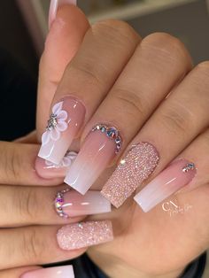 Ombre nails and 3D flower Nail Designs For Anniversary, Cute Anniversary Nails, Acrylic Nail Designs For Wedding, Nail With Flowers Design, Nails Art Design Arts, White And Pink Nails With Designs, Nails Acrylics Ideas, Acrylic Nails Flower Design, Pink Inspired Nails