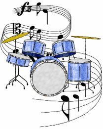 a drawing of a drum set with musical notes