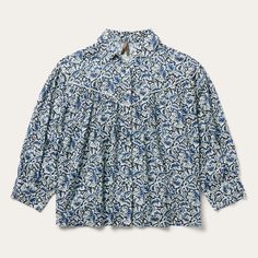 Blue Flowy Smock Blouse, Fall Floral Print Half Sleeve Blouse, Blue Printed Half Sleeve Blouse, Blue Half Sleeve Printed Blouse, Printed 3/4 Sleeve Blouse For Fall, Fall Peasant Printed Top, Relaxed Fit Long Sleeve Rayon Blouse, Fall Peasant Style Printed Top, Bohemian Printed Tops With 3/4 Sleeves