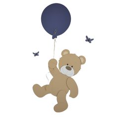 a brown teddy bear flying through the air with a blue balloon in it's mouth