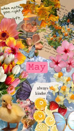 a collage of flowers and butterflies with the word may on it's side