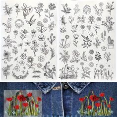 two pictures with flowers and plants on them, one is made out of denim jeans