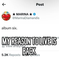 the text on the phone says, my reason to live is back 3 2k reposts