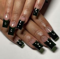 Black Nails With Gems, Deep French Nails, Lexi Nails, Romantic Nails, London Nails, Green Tips