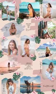 a collage of photos with flowers and palm leaves on the bottom right side, in pink