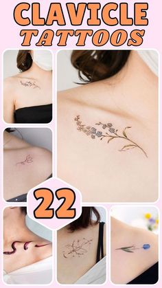 several pictures of different tattoos on the back of women's shoulder and upper chest