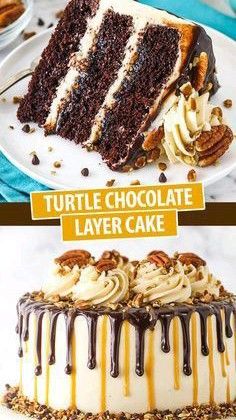 there is a cake with chocolate icing and pecans on the side, then topped with caramel drizzle