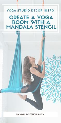 a woman doing yoga in a hammock with the words, create a yoga room with