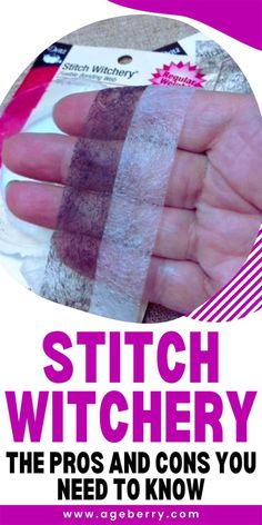 a person holding something in their hand with the words stitch witchry on it,