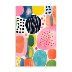 an abstract painting with colorful circles and dots on it's white background is featured