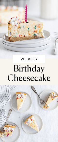 a slice of birthday cheesecake on a plate