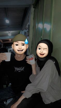 two people sitting next to each other with faces painted on their heads and holding coffee cups