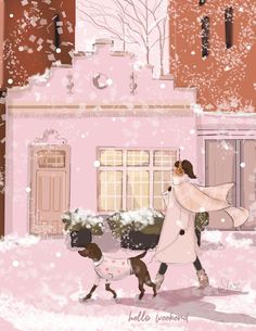 a woman walking two dogs in front of a pink building with snow falling on it