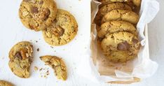 chocolate chip cookies are in a paper bag