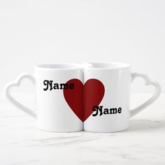 two white mugs with red hearts on them that say name and the words same