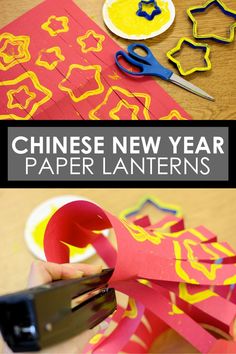 a person cutting out paper with scissors and other crafting supplies in the background text reads, chinese new year paper lanterns