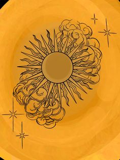 an artistic drawing of a sunflower on a yellow plate with stars in the background