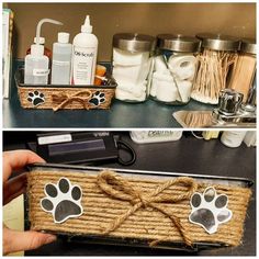 two pictures side by side, one with soap and the other with paw prints on it