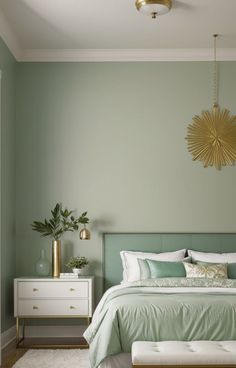 a bedroom with green walls, white furniture and a gold starburst on the wall