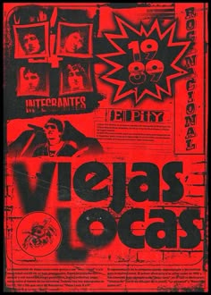 a red poster with black and white images on it that says, viejas go