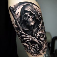 Arm Tattoos For Guys Forearm, Warrior Tattoo Sleeve, Best Neck Tattoos, Grim Reaper Tattoo, Reaper Tattoo, Skull Sleeve Tattoos, Cool Arm Tattoos, Quality Tattoo