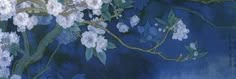 a painting of white flowers on a blue background with birds perched on the tree branches