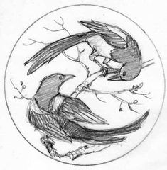 two birds sitting on top of a tree branch in a circular frame with branches around it