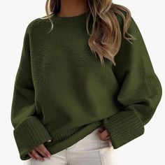 Lillusory Women's Oversized Sweaters Fuzzy Chunky Warm Pullover Sweater. 2xl.Nwt Color: Christmas Green Size: 2xl (Oversized) Fabric Type 50%Polyester, 35%Acrylic, 12%Polyamide, 3%Woo Oversized Sweater Women, Pull Oversize, Pullover Mode, Solid Color Sweater, Crewneck Design, Winter Pullover, Chic Sweaters, Oversized Knitted Sweaters, Ribbed Turtleneck