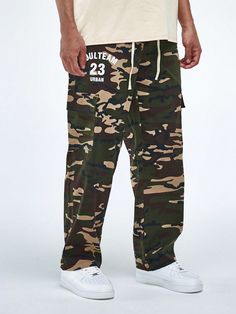 Army Green Casual Collar  Fabric Letter,Camo,All Over Print Cargo Pants Embellished Non-Stretch  Men Clothing Pants Embellished, Waist Cargo Pants, Sports Shorts Women, Men Pants, Spandex Shorts, Printed Drawstring, Pattern Sweater, Cargo Pants Men, Kids Beachwear