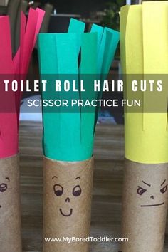 three toilet roll hair cuts are shown with the words scissors practice fun in front of them