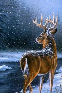 a painting of a deer standing in the snow