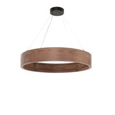 a circular wooden light fixture hanging from the ceiling with two lights on each side and an oval