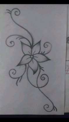 a drawing of a flower with swirls and leaves on the bottom half of it