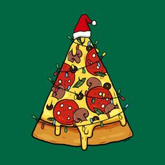 a pizza with toppings on it is wearing a santa hat and standing in front of a green background