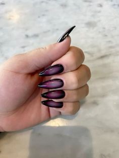 Sharp Purple Nails, Black To Purple Nails, Deep Purple Nail Art, Dark Purple Witchy Nails, Plum Purple Nails Designs, Purple And Black Almond Nails, Nail Ideas Dark Purple, Black And Purple Aura Nails, Dark Purple Aura Nails