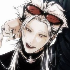 an anime character with white hair and red glasses on her head, holding his hand to his ear