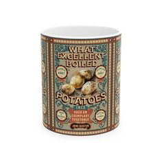 a coffee mug with potatoes on it