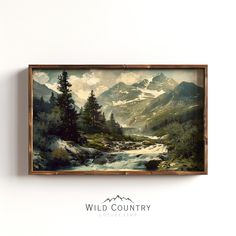 a painting hanging on the wall above a river