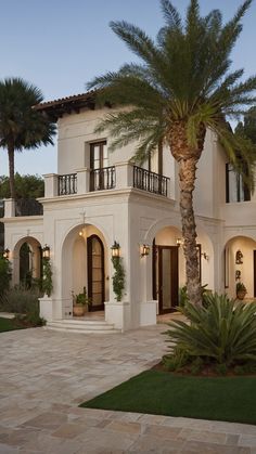 a large white house with palm trees in the front yard