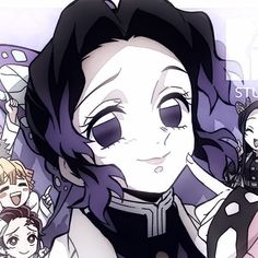 an anime character with purple hair and black eyeliners, surrounded by other characters